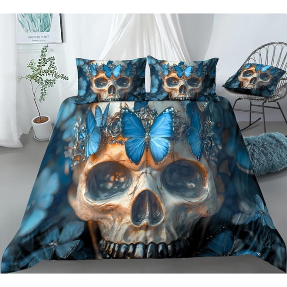 REALIN Exquisite Blue Butterfly Skeleton Bedding Vintage Skeleton Duvet Cover Set Girl Boy Kids Bed Sets 3/4PCS Quilt Covers/Sheets/Pillow Shams,Twin/Full/Queen/King