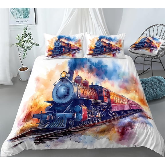 REALIN Hand-Painted Locomotive Print Bedding Vintage Trains Duvet Cover Set Girl Boy Kids Bed Sets 3/4PCS Quilt Covers/Sheets/Pillow Shams,Twin/Full/Queen/King