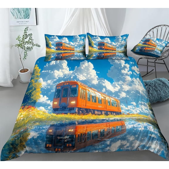 REALIN Hand-Painted Locomotive Print Bedding Vintage Trains Duvet Cover Set Girl Boy Kids Bed Sets 3/4PCS Quilt Covers/Sheets/Pillow Shams,Twin/Full/Queen/King