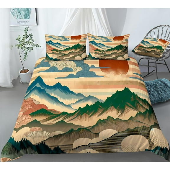 REALIN Mountain Forest Natural Scenery Duvet Cover Set Mountain Sunset Bedding Girl Boy Kids Bed Sets 2/3/4PCS Quilt Covers/Sheets/Pillow Shams,Twin/Full/Queen/King