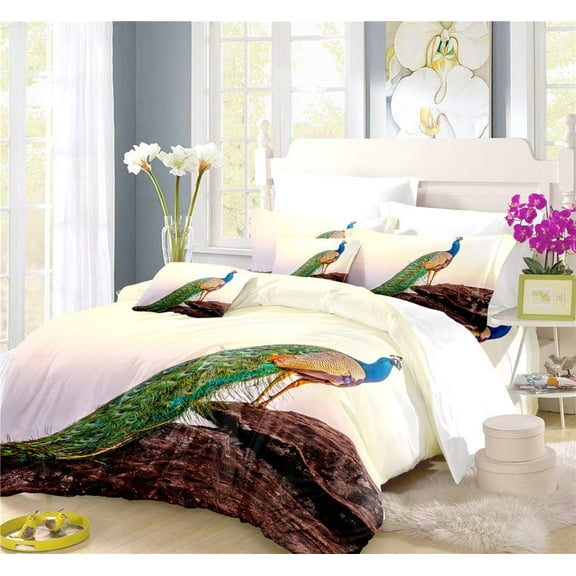 REALIN Peafowls Duvet Cover Set Chinese Style Bedding Noble Green Peacock Bed Sets 2/3/4PCS Quilt Covers/Sheets/Pillow Shams,Twin/Full/Queen/King