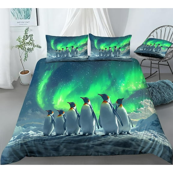 REALIN Penguin Aurora Theme Bedding Animal Penguin Duvet Cover Set Girl Boy Kids Bed Sets 3/4PCS Quilt Covers/Sheets/Pillow Shams,Twin/Full/Queen/King