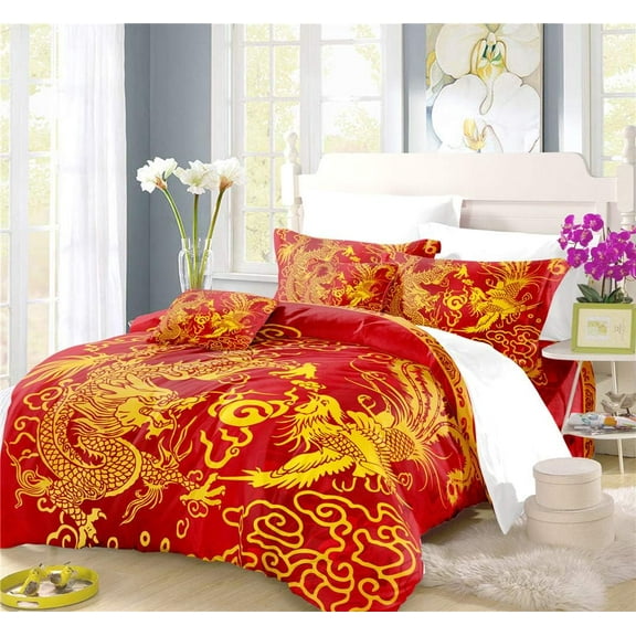 REALIN Traditional Dragon and Phoenix Duvet Cover Set Chinese Style Bedding Auspicious Bed Sets 2/3/4PCS Quilt Covers/Sheets/Pillow Shams,Twin/Full/Queen/King