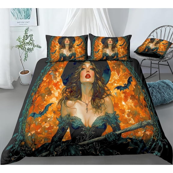 REALIN Witch Themed Magical Decor for Kids Bedding Halloween Decor Duvet Cover Set Girl Boy Kids Bed Sets 3/4PCS Quilt Covers/Sheets/Pillow Shams,Twin/Full/Queen/King