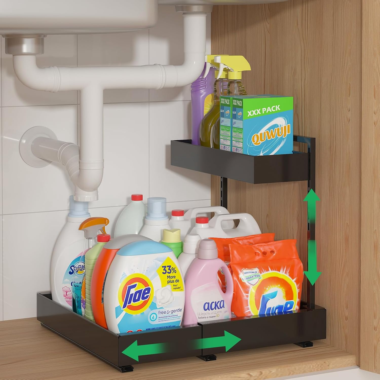 REALINN Expandable Under Sink Organizers and Storage, 2 Tier Under Cabinet Organizer, Heights Adjustable Pull Out Rack for Kitchen Bathroom Laundry, White, 2 Pack