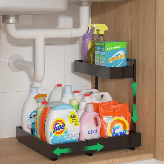 REALINN Expandable Under Sink Organizers and Storage, 2 Tier Under Cabinet Organizer, Heights Adjustable Pull Out Rack for Kitchen Bathroom Laundry, White, 2 Pack