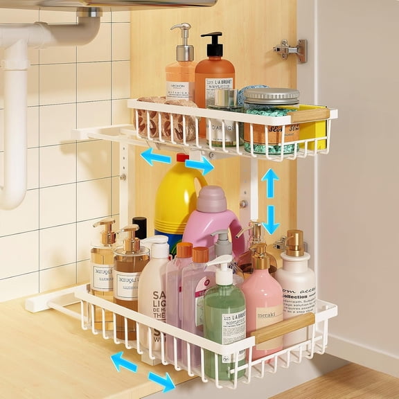REALINN Under Sink Organizer, Height Adjustable Under Sink Organizers and Storage, 2 Tier Pull Out Drawer Cabinet Storage for Kitchen Bathroom, 2 Pack, White