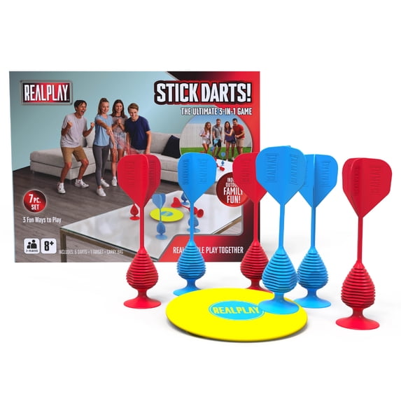 Realplay Stick Darts, 3-in-1 Outdoor Game for Kids and Families, Portable Lawn Game, 7-Piece Set