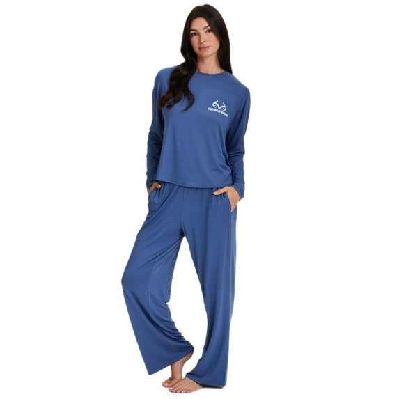 REALTREE Women's & Women's Plus Long Sleeve Comfy Wide Leg Pant Pant Pajama Lounge Sleep Set, 2-Piece, Sizes S-3XL