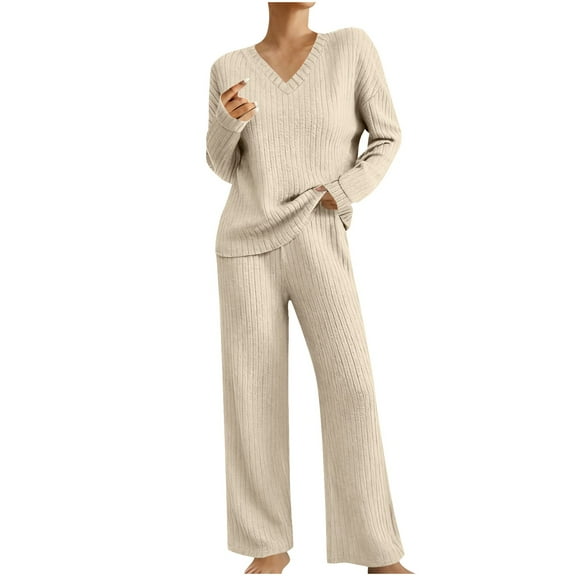 REALiKUN 2 Piece Outfits for Women Long Sleeve Knit Sweater Top and Wide Leg Pants Ribbed Lounge Matching Set Fall Winter