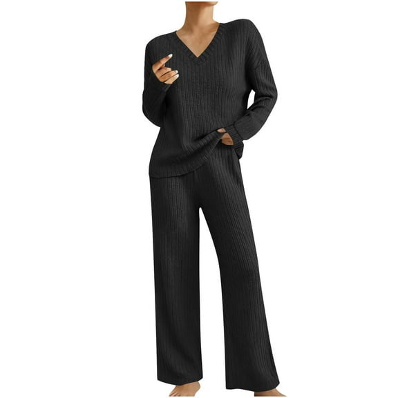 REALiKUN 2 Piece Outfits for Women Long Sleeve Knit Sweater Top and Wide Leg Pants Ribbed Lounge Matching Set Fall Winter