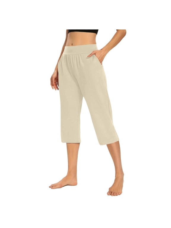 Capri Pants for Women Casual Summer Elastic High Waist Yoga Pants Workout Wide Leg Lounge Capris