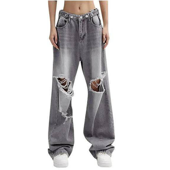 REALiKUN Baggy Casual Wide Leg Jeans for Women, Distressed Patchwork Streetwear Trendy Denim Pants Relax Fit Comfy Trousers