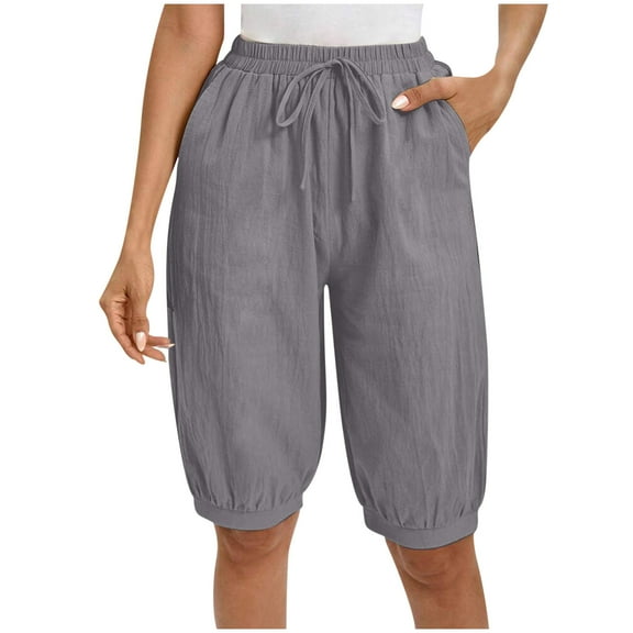 REALiKUN Beach Shorts for Women Trendy Loose Quick Dry Athletic Short Pants Summer Drawstring Knee Length Casual Linen Shorts