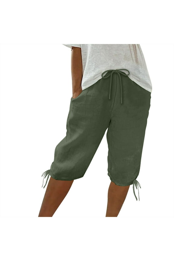 Bermuda Shorts for Women Knee Length Cotton Linen Elastic Waist Drawstring Shorts Summer Capris Pants with Pockets