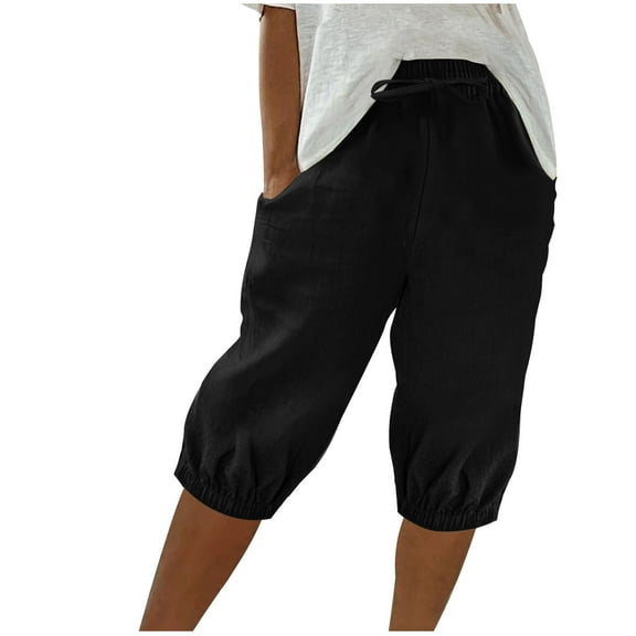 REALiKUN Bermuda Shorts for Women Knee Length Cotton Linen Elastic Waist Drawstring Shorts Summer Capris Pants with Pockets