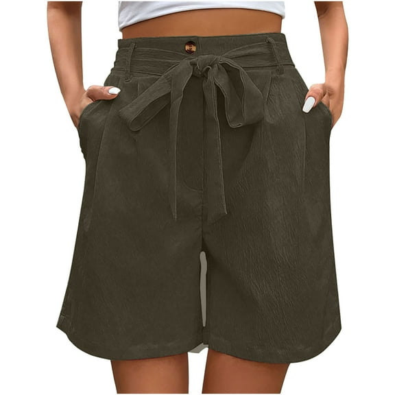 REALiKUN Bermuda Shorts for Women Tied Shorts with Pockets Elastic Waist Casual Summer Solid Color