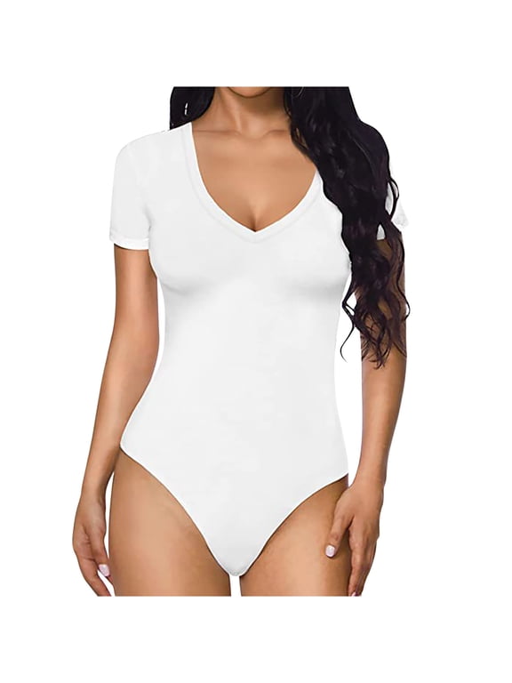 Bodysuit for Women Fit Everybody V Neck Short Sleeve T-shirt Tops with Thong Design