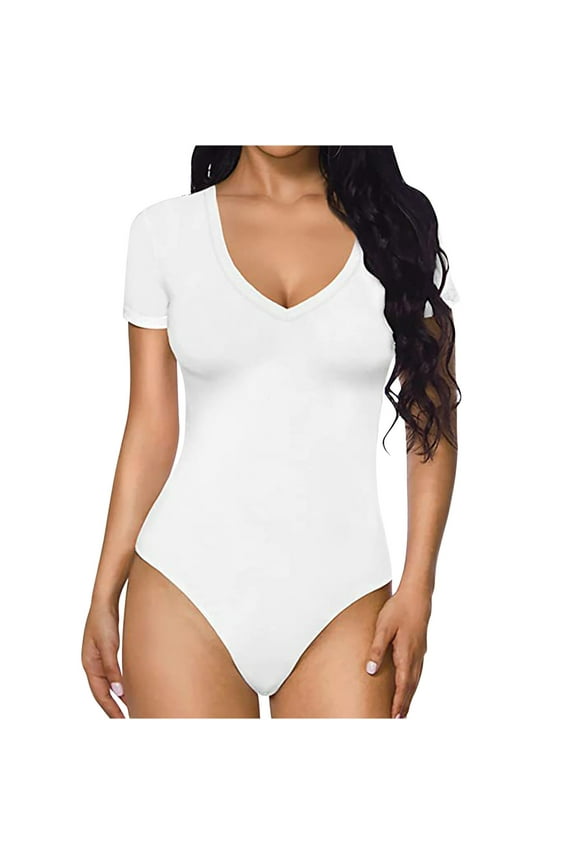 Bodysuit for Women Fit Everybody V Neck Short Sleeve T-shirt Tops with Thong Design