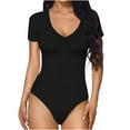 thumbnail image 1 of REALiKUN Bodysuit for Women Fit Everybody V Neck Short Sleeve T-shirt Tops with Thong Design, 1 of 5