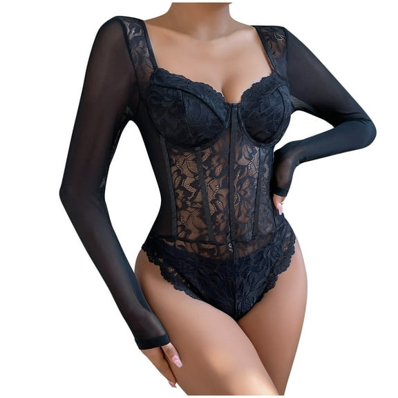 REALiKUN Bodysuits for Women Sexy Lace See-Through Bodysuits Long Sleeve Elegant Bodysuits Fall Fashion Clothing