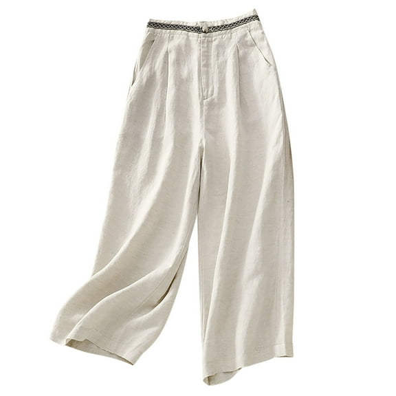 REALiKUN Boho Linen Pants for Women Trendy High Waist Cropped Palazzo Pants Summer Beach Casual Wide Leg Trousers