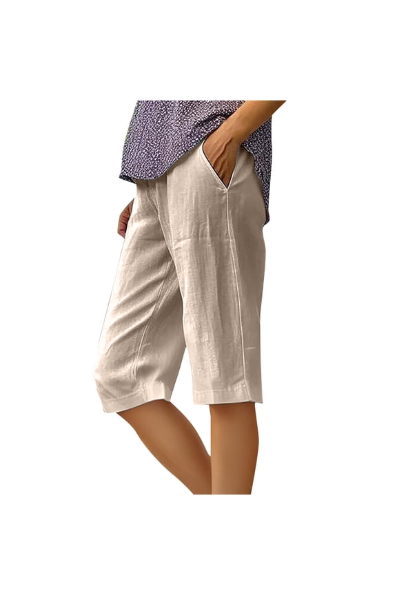 Capri Pants for Women Knee Length Cotton Linen Capris Summer Straight Leg Loose Beach Bermuda Shorts with Pocket