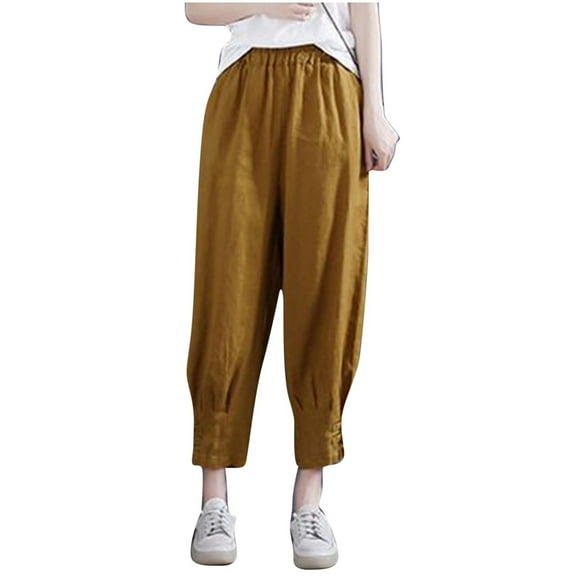REALiKUN Capri Pants for Women Summer Cotton Linen Pants High Waist Loose Capris Trousers with Pockets