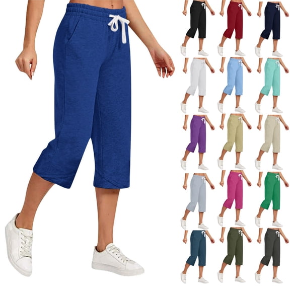 REALiKUN Capri Pants for Women Summer Linen Wide Leg High Waisted Drawstring Capris Lightweight Elastic Cropped Pants
