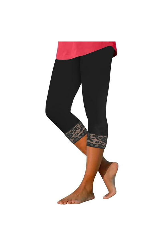Capri Yoga Pants for Women Lace Trim 3/4 Length Cropped Leggings High Waist Stretch Workout Lounge Tights