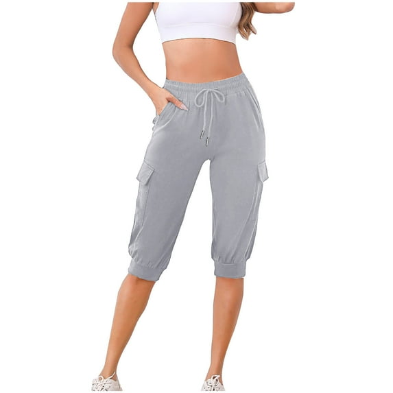 REALiKUN Cargo Sweat Shorts Women High Waisted Joggers Knee Length Drawstring Elastic Waist Athletic Running Short with Pockets