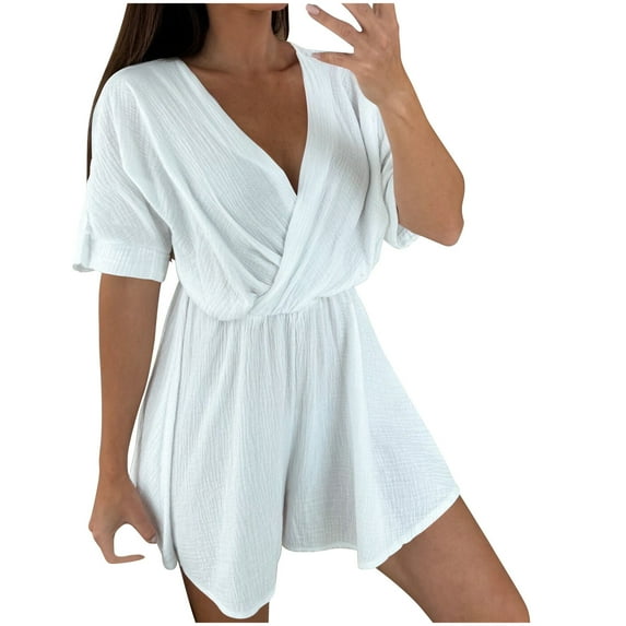 REALiKUN Casual Linen Rompers for Women Summer Loose Short Sleeve V Neck Flowy Shorts Jumpsuit Beach Vacation Outfits