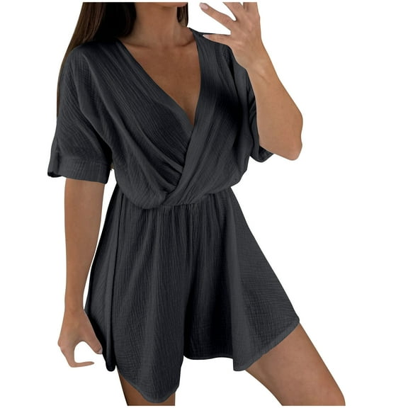 REALiKUN Casual Linen Rompers for Women Summer Loose Short Sleeve V Neck Flowy Shorts Jumpsuit Beach Vacation Outfits
