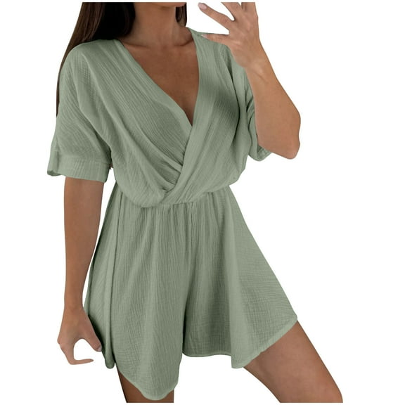REALiKUN Casual Linen Rompers for Women Summer Loose Short Sleeve V Neck Flowy Shorts Jumpsuit Beach Vacation Outfits