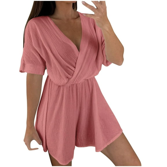 REALiKUN Casual Linen Rompers for Women Summer Loose Short Sleeve V Neck Flowy Shorts Jumpsuit Beach Vacation Outfits