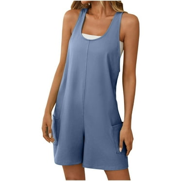 REALiKUN Casual Sleeveless Rompers for Women Summer Beach Vacation Stretchy Cotton Racerback Overall Shorts with Pockets