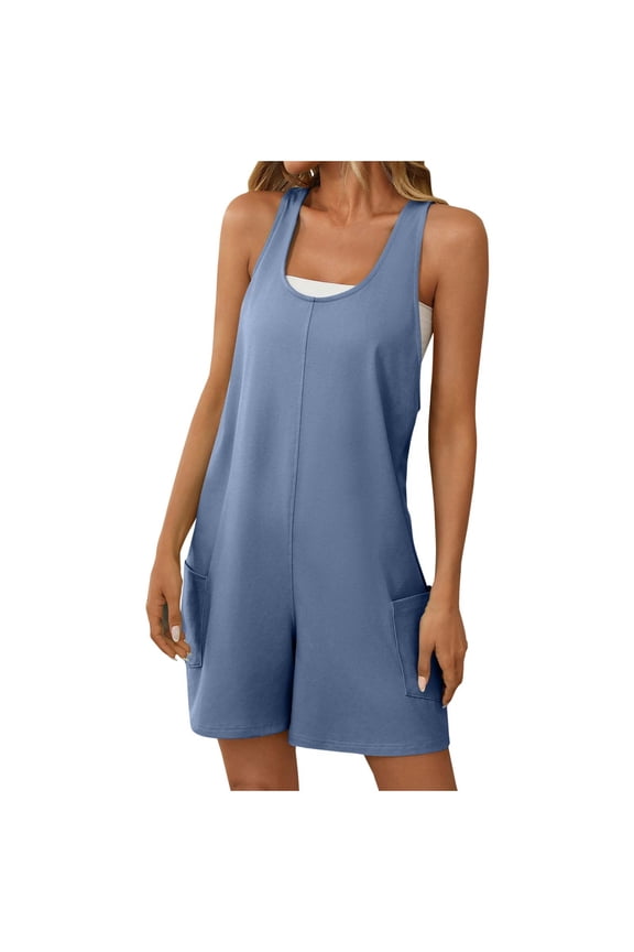 Casual Sleeveless Rompers for Women Summer Beach Vacation Stretchy Cotton Racerback Overall Shorts with Pockets
