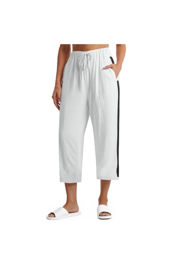 Color Block Capris for Women - Casual Linen Elastic Waist Golf Sweatpants, Comfy Loose Workout Lounge Pants with Pockets for Summer