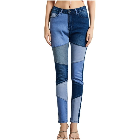 REALiKUN Color Block Patchwork Denim Jeans for Women High Waisted Slim Fit Stretch Comfortable Casual Trendy Street Style