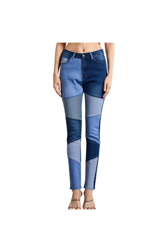 Color Block Patchwork Denim Jeans for Women High Waisted Slim Fit Stretch Comfortable Casual Trendy Street Style