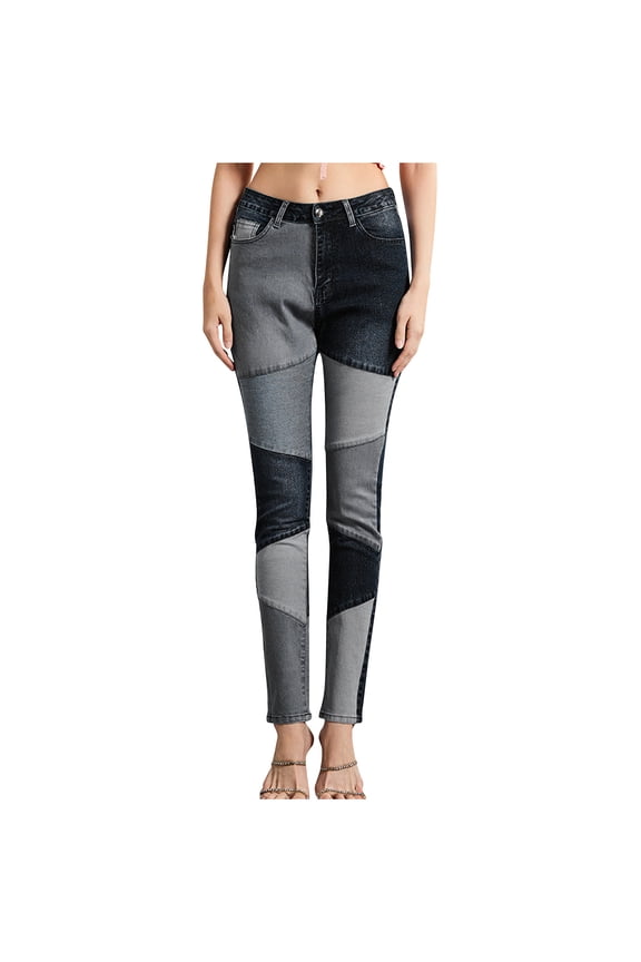 Color Block Patchwork Denim Jeans for Women High Waisted Slim Fit Stretch Comfortable Casual Trendy Street Style