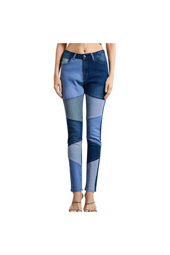 Color Block Patchwork Denim Jeans for Women High Waisted Slim Fit Stretch Comfortable Casual Trendy Street Style