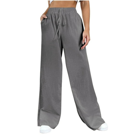 REALiKUN Cotton Linen Pants Women Bootcut Linen Wide Leg Pants Elastic High Waisted Trousers Palazzo Pants Baggy Lounge Pants