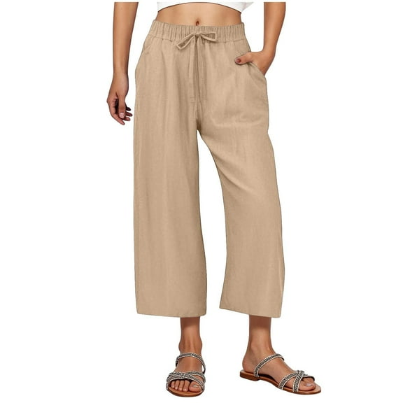 REALiKUN Cotton Linen Pants for Women - Wide Leg Cropped Lounge Trousers, Drawstring Elastic Waist Summer Beach Pant Outfits with Pockets
