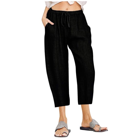 REALiKUN Cotton Linen Pants for Women Wide Leg Cropped Lounge Trousers Drawstring Elastic Waist Summer Beach Pant Outfits