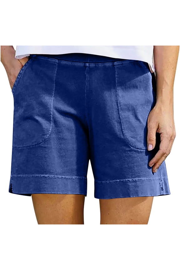 Cotton Shorts for Women Casual 7 Inch Inseam Shorts Summer Elastic Waist Short Vacation Beach Outfits with Pockets