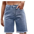 thumbnail image 1 of REALiKUN Denim Bermuda Shorts Women Frayed Hem Jean Short Streetwear Straight Leg Short with Pocket, 1 of 8
