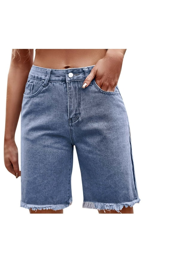 Denim Bermuda Shorts Women Frayed Hem Jean Short Streetwear Straight Leg Short with Pocket