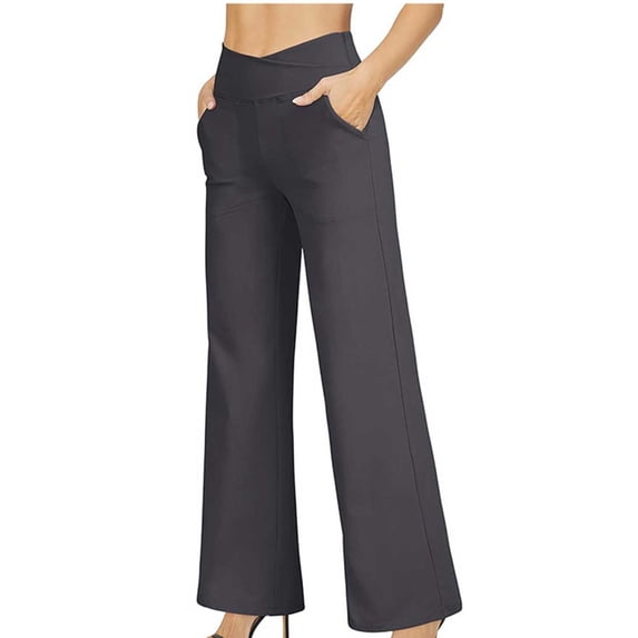 REALiKUN Dress Pants Women Crossover Trousers Pants High Waisted Flare Pants Casual Work Pants Wide Leg Pants