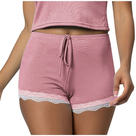 REALiKUN Dressy Sleepwear Shorts for Women Sexy Lace Hem Patchwork Shorts Drawstring Knitted Ribbed Pajama Shorts